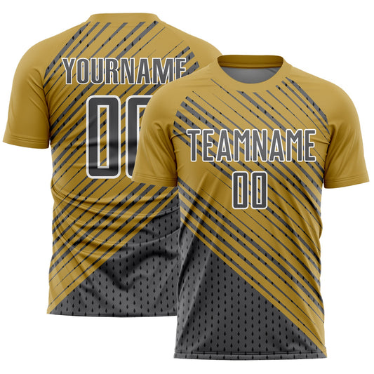 Custom Old Gold Steel Gray White Diagonal Lines Sublimation Soccer Uniform Jersey - Main View