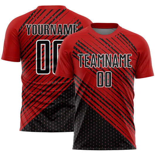 Custom Red Black-White Diagonal Lines Sublimation Soccer Uniform Jersey - Main View