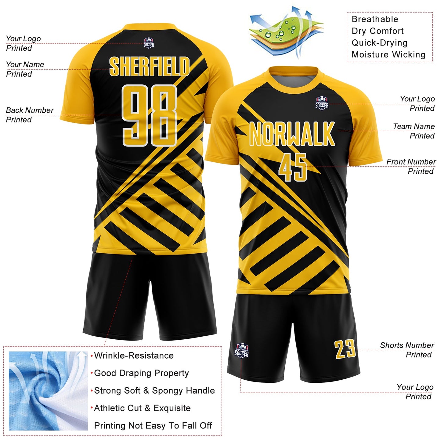 Custom Black Gold-White Lines Sublimation Soccer Uniform Jersey view 4