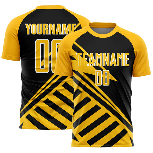 Custom Black Gold-White Lines Sublimation Soccer Uniform Jersey - Main View