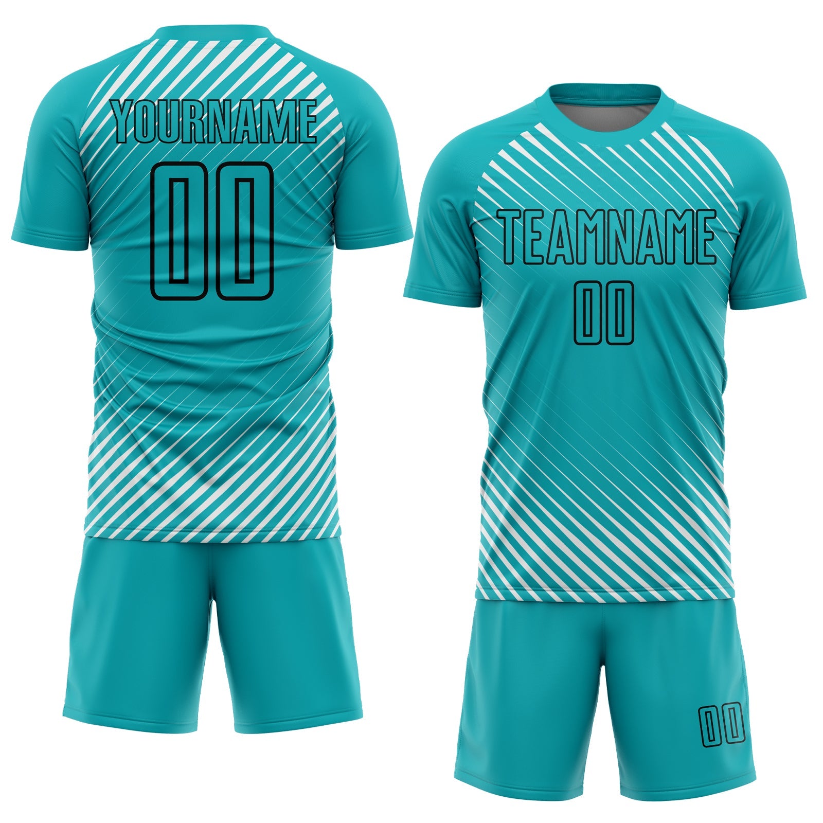 Custom Aqua Black Diagonal Lines Sublimation Soccer Uniform Jersey view 2