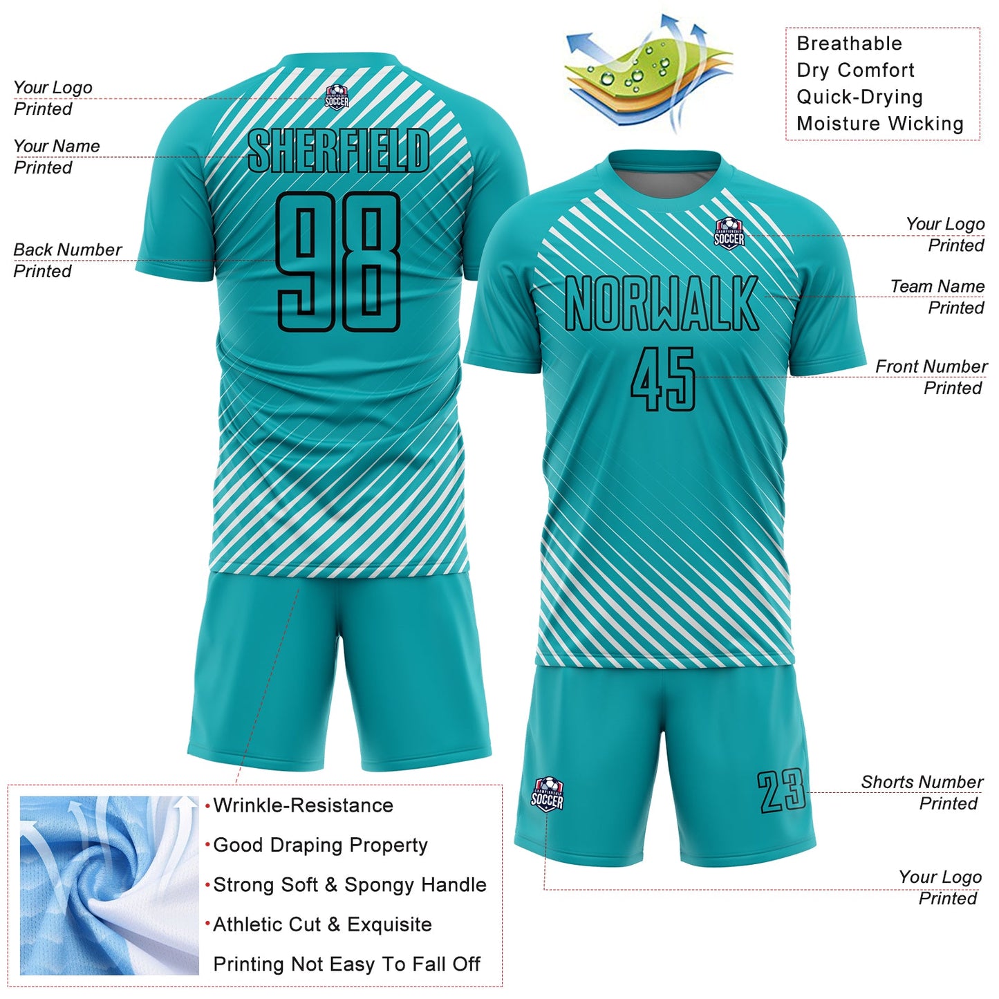 Custom Aqua Black Diagonal Lines Sublimation Soccer Uniform Jersey view 4