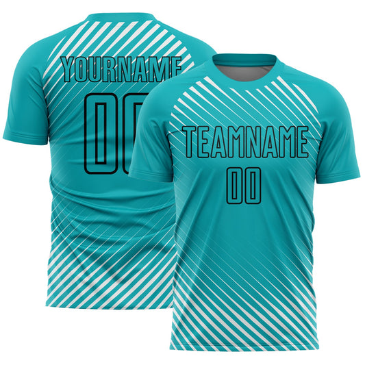 Custom Aqua Black Diagonal Lines Sublimation Soccer Uniform Jersey - Main View