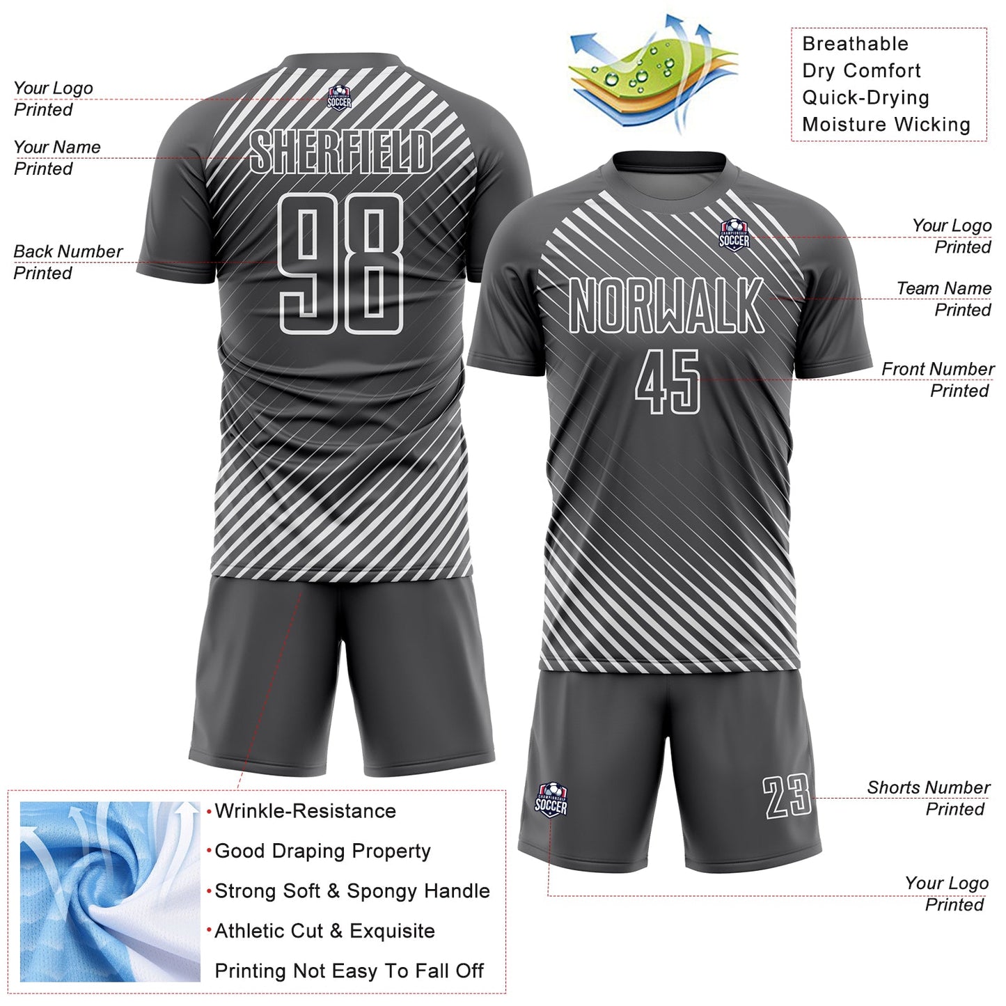 Custom Steel Gray White Diagonal Lines Sublimation Soccer Uniform Jersey view 4