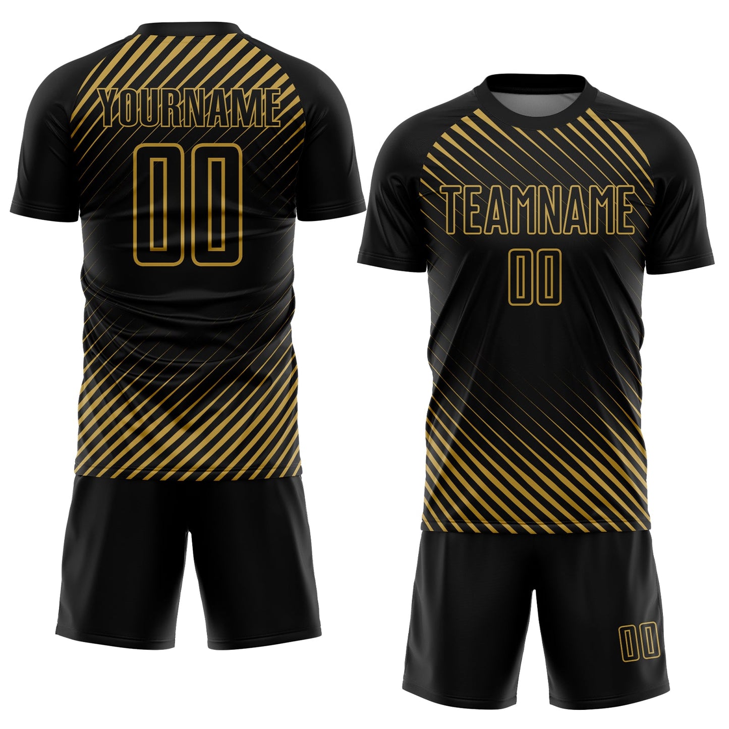 Custom Black Old Gold Diagonal Lines Sublimation Soccer Uniform Jersey view 2