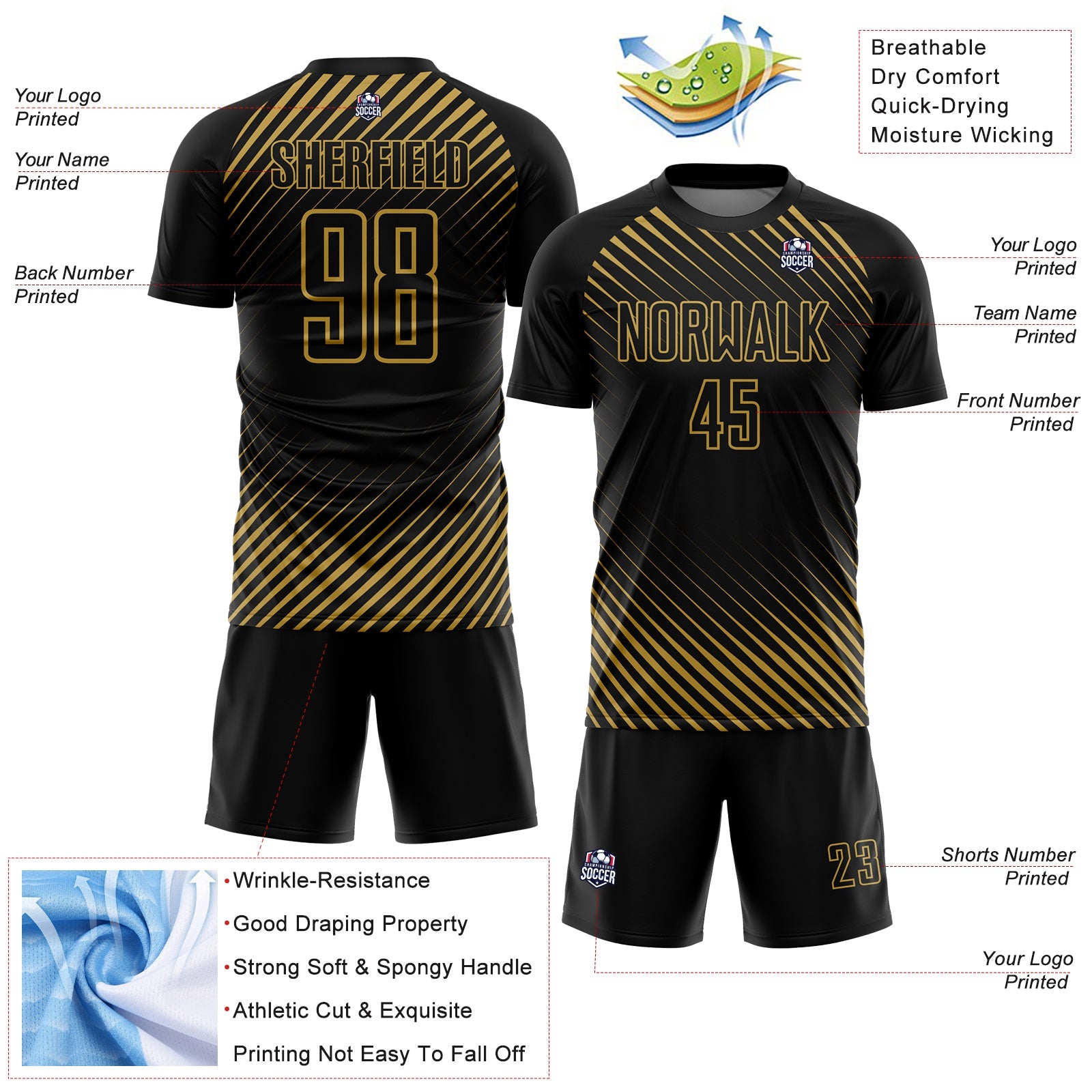 Custom Black Old Gold Diagonal Lines Sublimation Soccer Uniform Jersey view 4