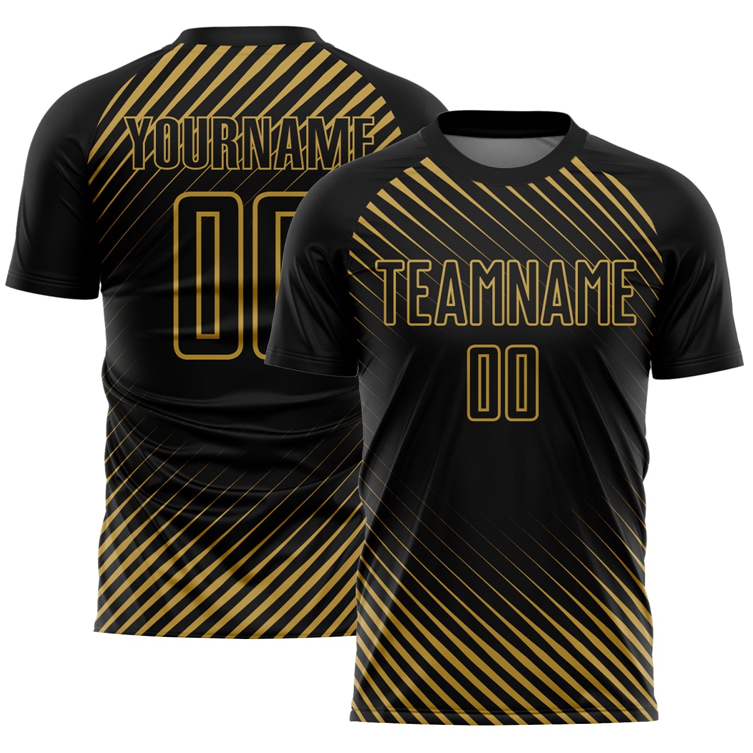 Custom Black Old Gold Diagonal Lines Sublimation Soccer Uniform Jersey - Main View