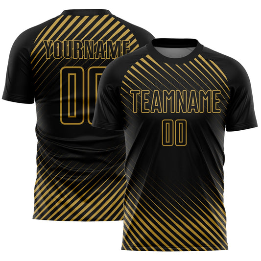 Custom Black Old Gold Diagonal Lines Sublimation Soccer Uniform Jersey - Main View