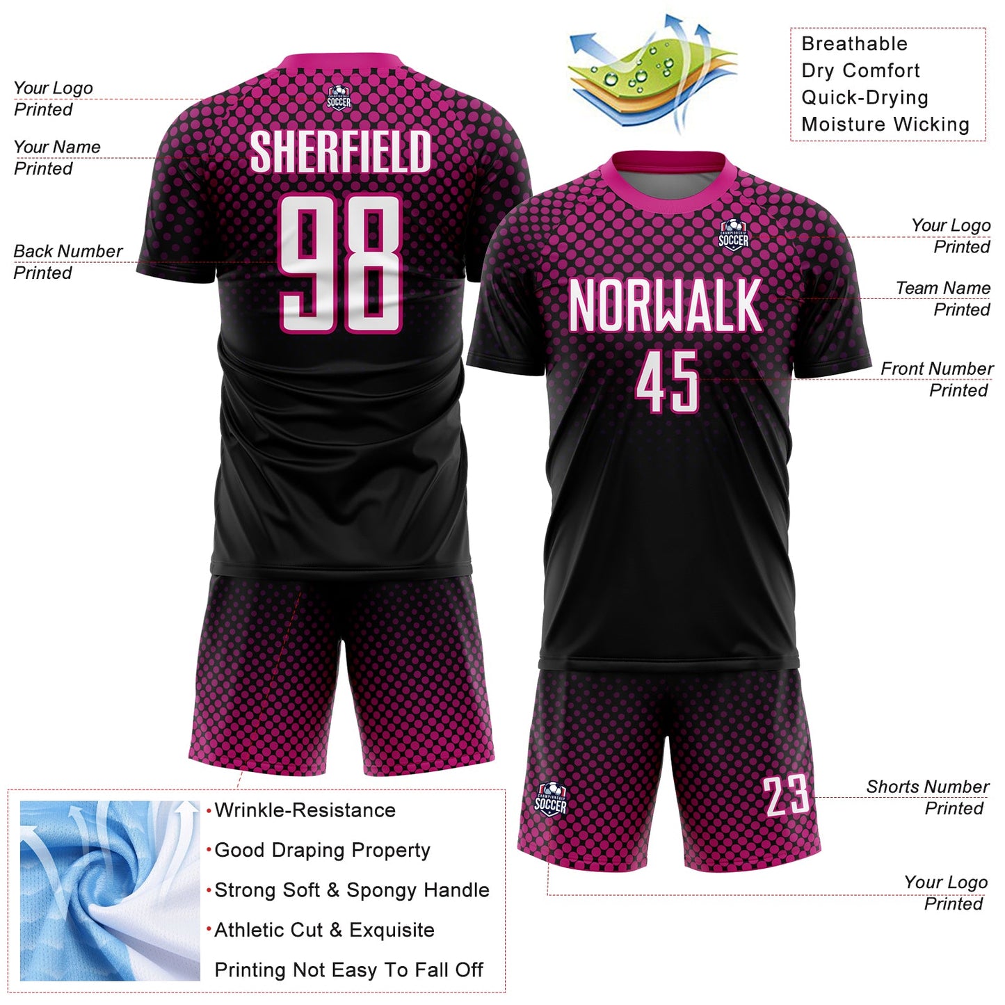 Custom Black White-Deep Pink Halftone Dots Sublimation Soccer Uniform Jersey view 4