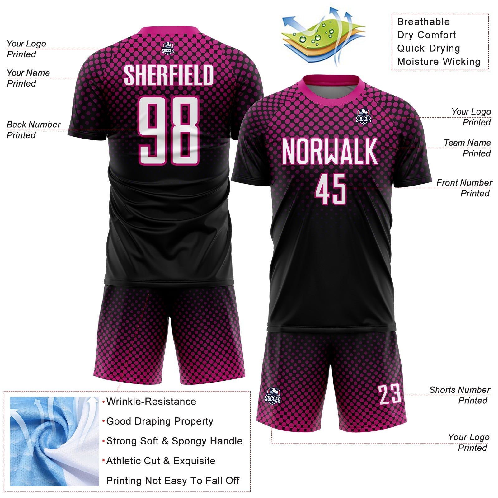 Custom Black White-Deep Pink Halftone Dots Sublimation Soccer Uniform Jersey view 4