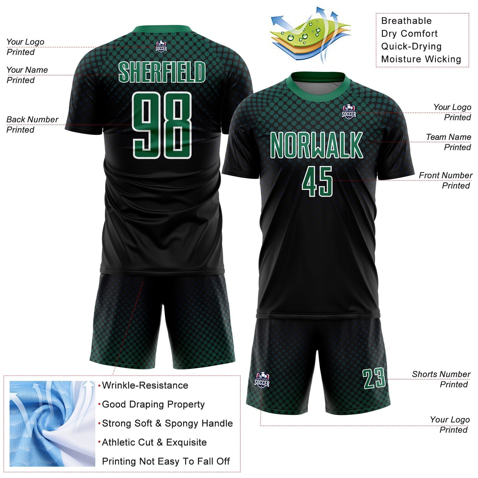 Custom Black Kelly Green-White Halftone Dots Sublimation Soccer Uniform Jersey view 4