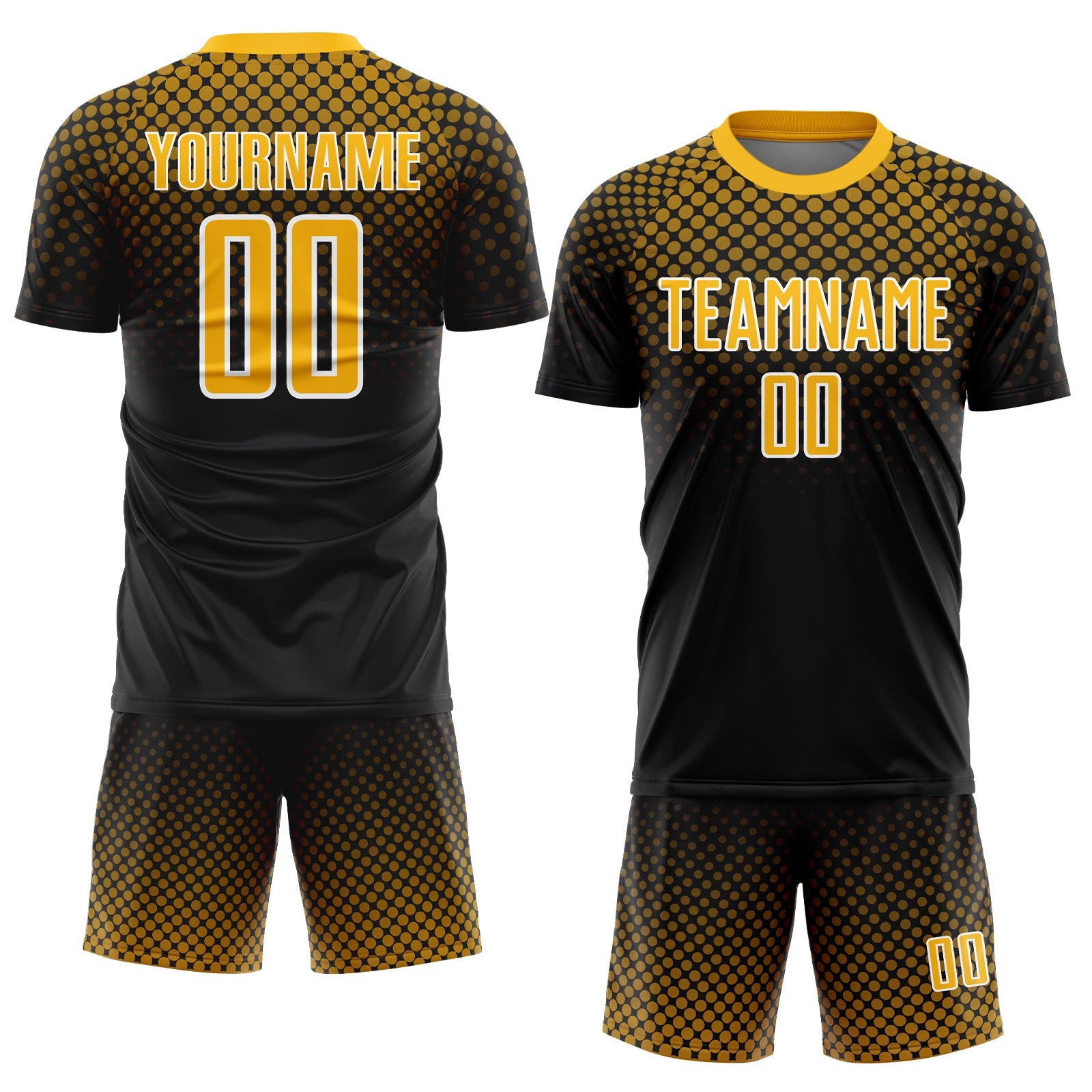 Custom Black Gold-White Halftone Dots Sublimation Soccer Uniform Jersey view 2