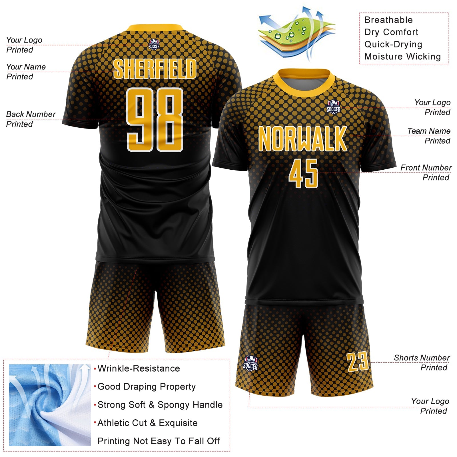 Custom Black Gold-White Halftone Dots Sublimation Soccer Uniform Jersey view 4