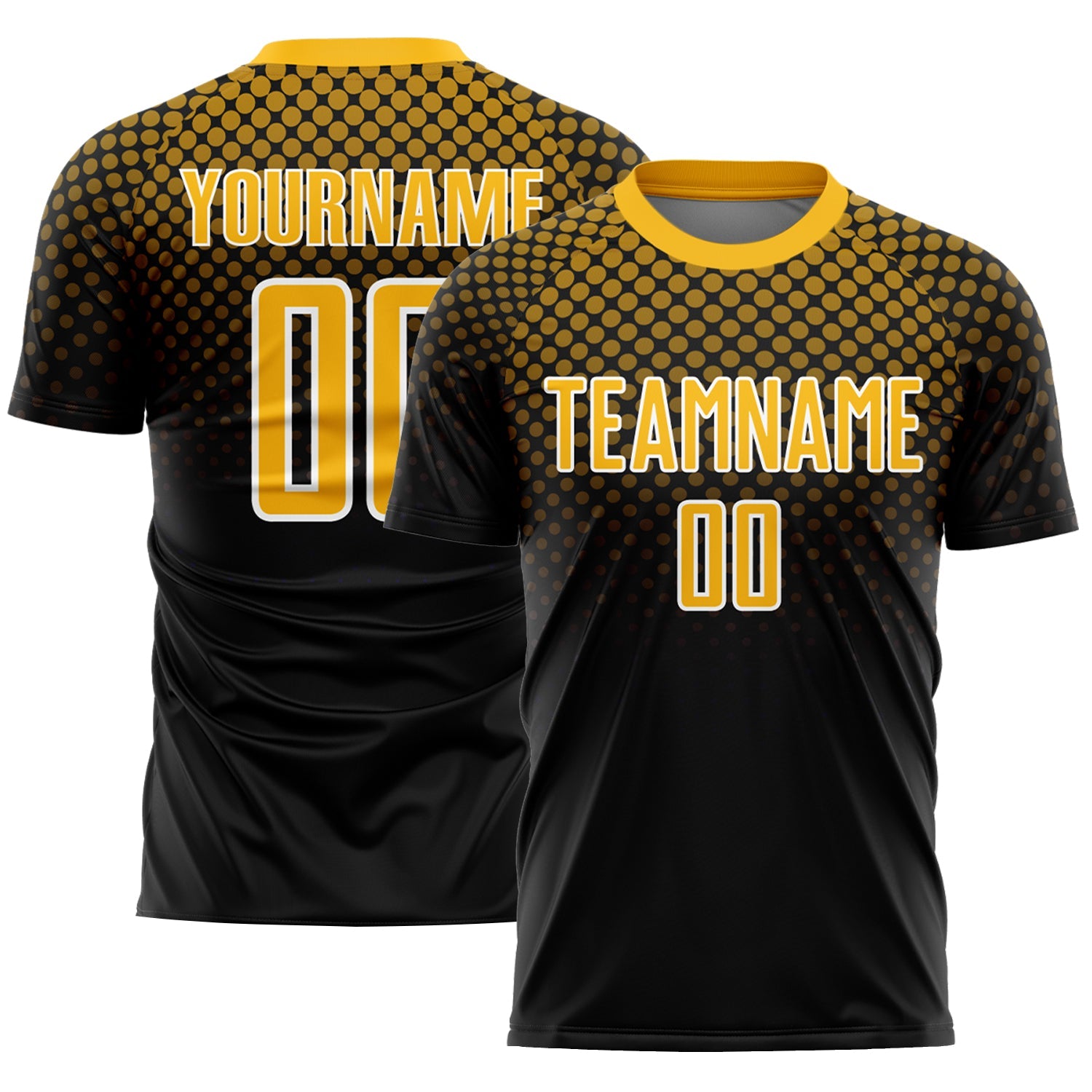 Custom Black Gold-White Halftone Dots Sublimation Soccer Uniform Jersey - Main View