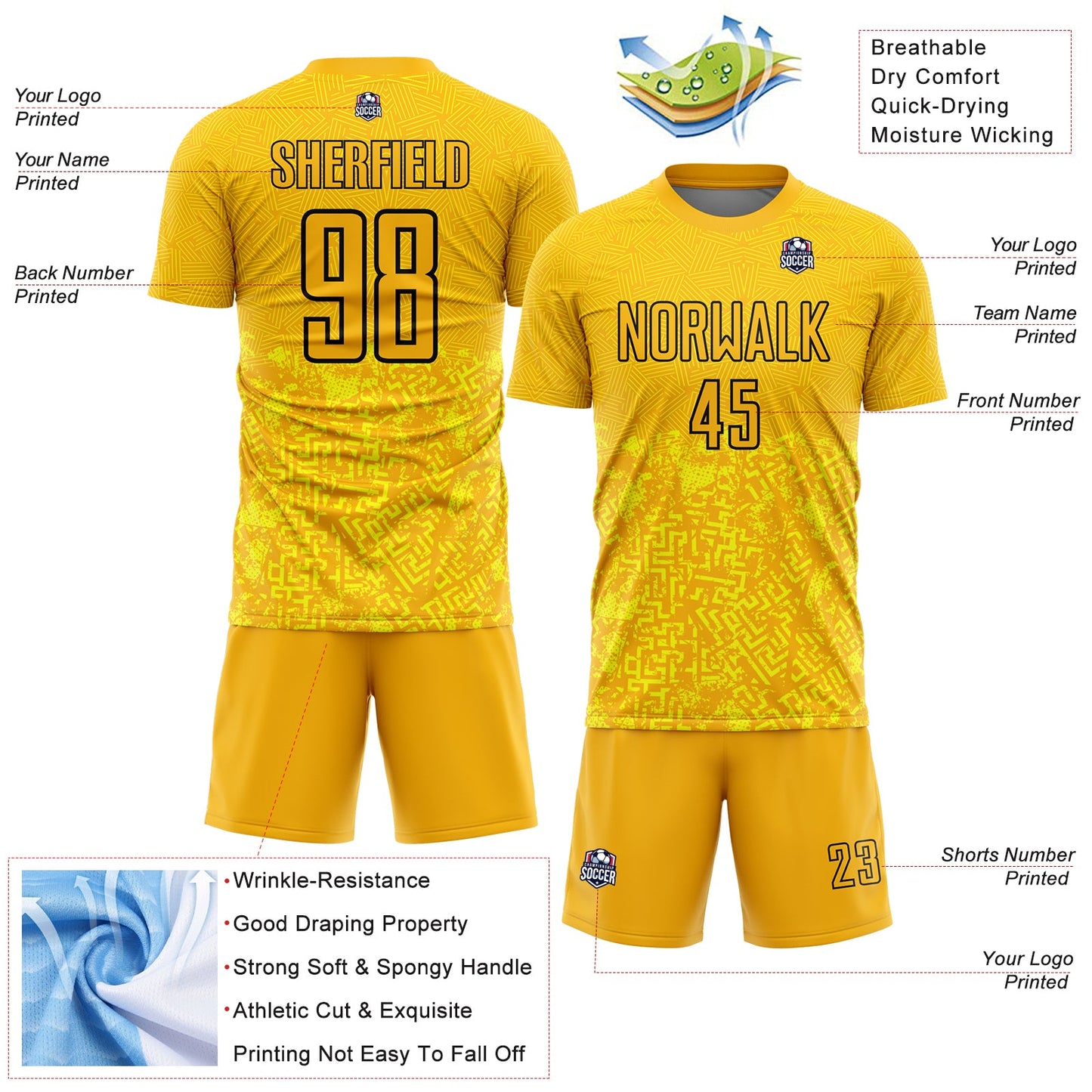 Custom Gold Black Geometric Shapes Sublimation Soccer Uniform Jersey view 4