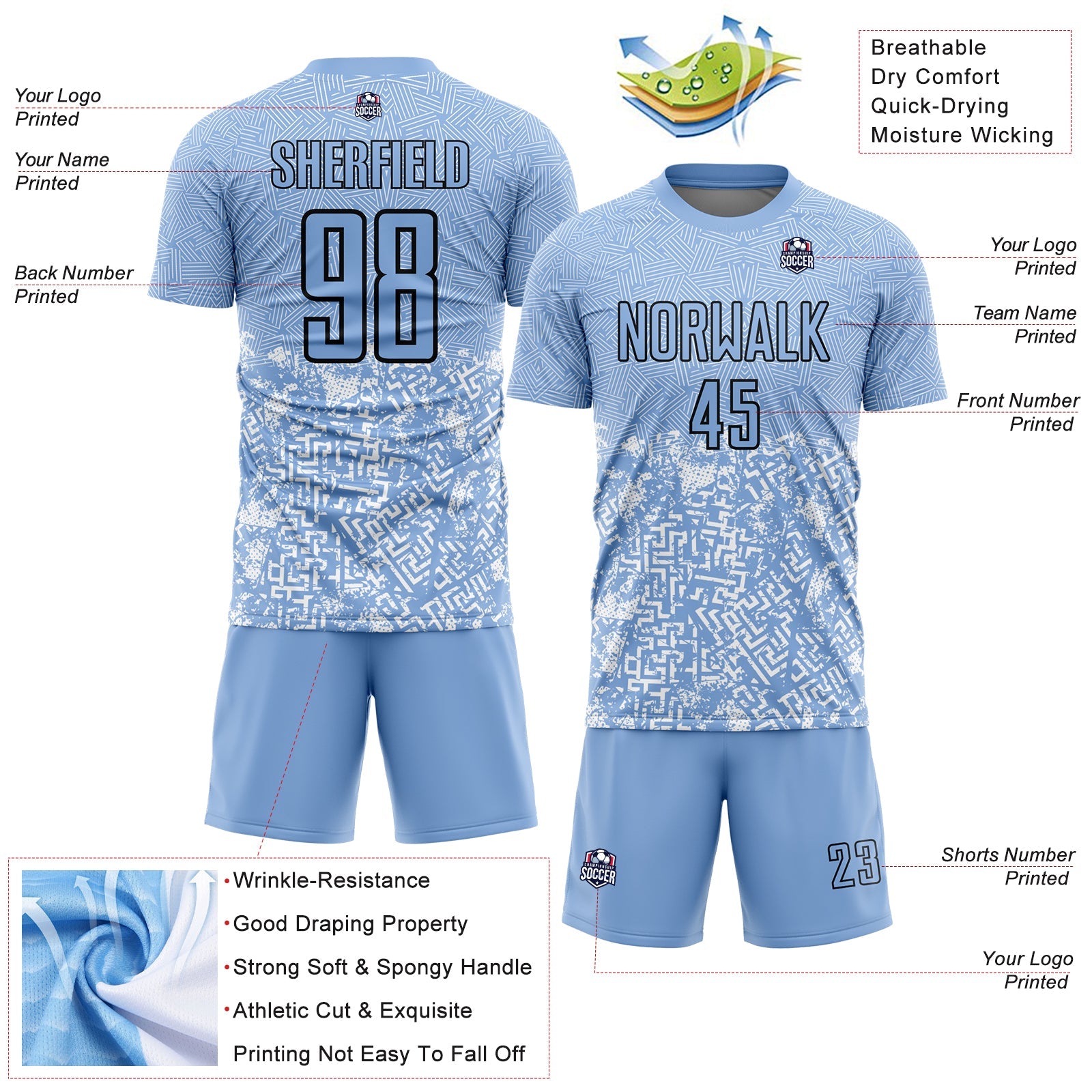 Custom Light Blue Black Geometric Shapes Sublimation Soccer Uniform Jersey view 4