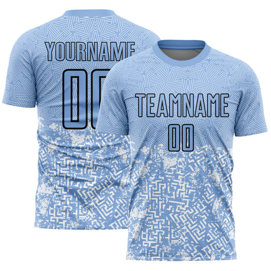 Custom Light Blue Black Geometric Shapes Sublimation Soccer Uniform Jersey - Main View