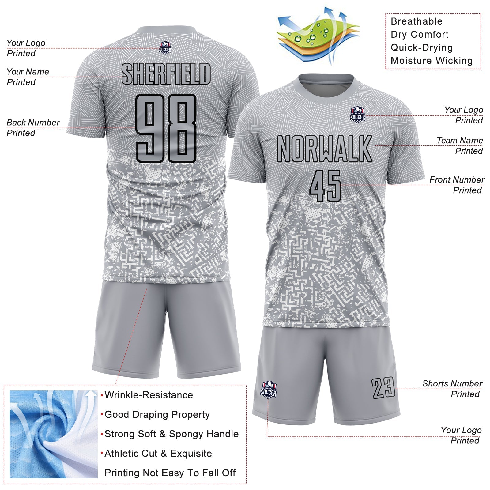Custom Gray Black Geometric Shapes Sublimation Soccer Uniform Jersey view 4