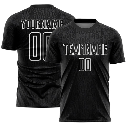 Custom Black White Geometric Shapes Sublimation Soccer Uniform Jersey - Main View