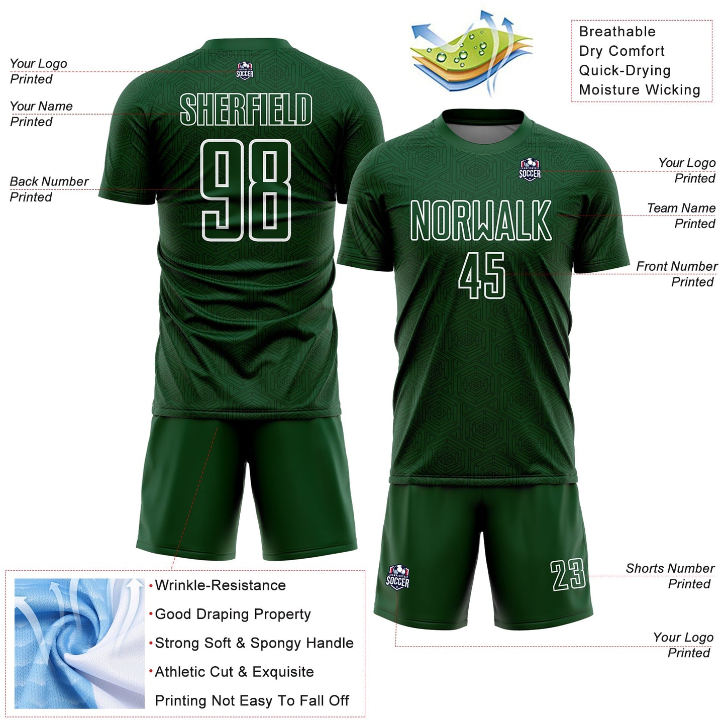 Custom Green White Geometric Shapes Sublimation Soccer Uniform Jersey view 4