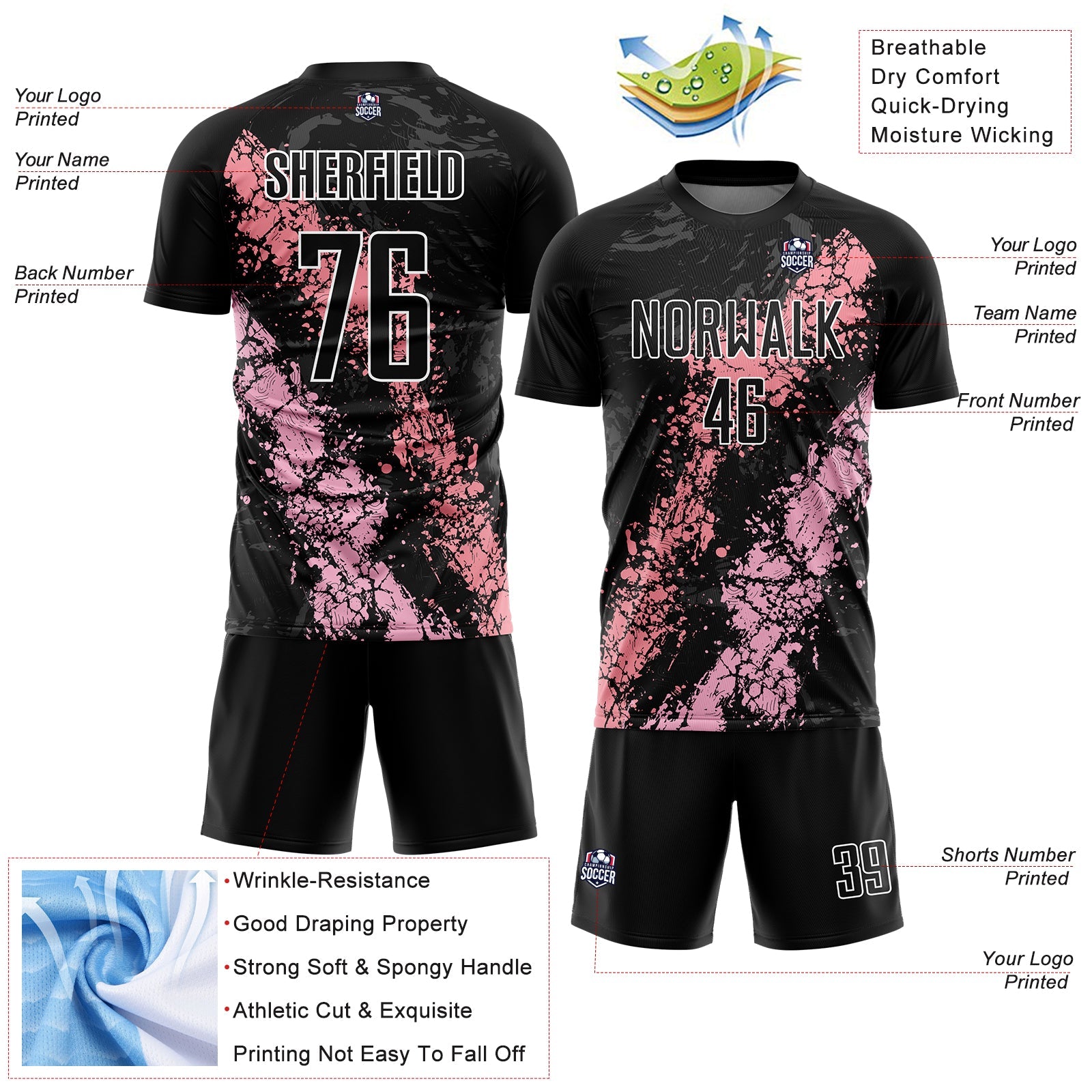 Custom Black Light Pink-Medium Pink Dripping Splatter Art Sublimation Soccer Uniform Jersey view 4