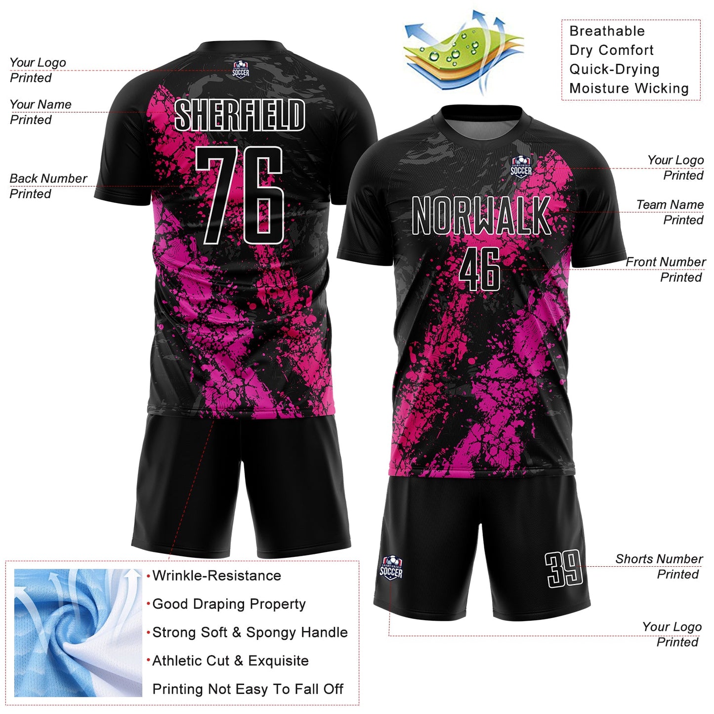 Custom Black Hot Pink-Deep Pink Dripping Splatter Art Sublimation Soccer Uniform Jersey view 4