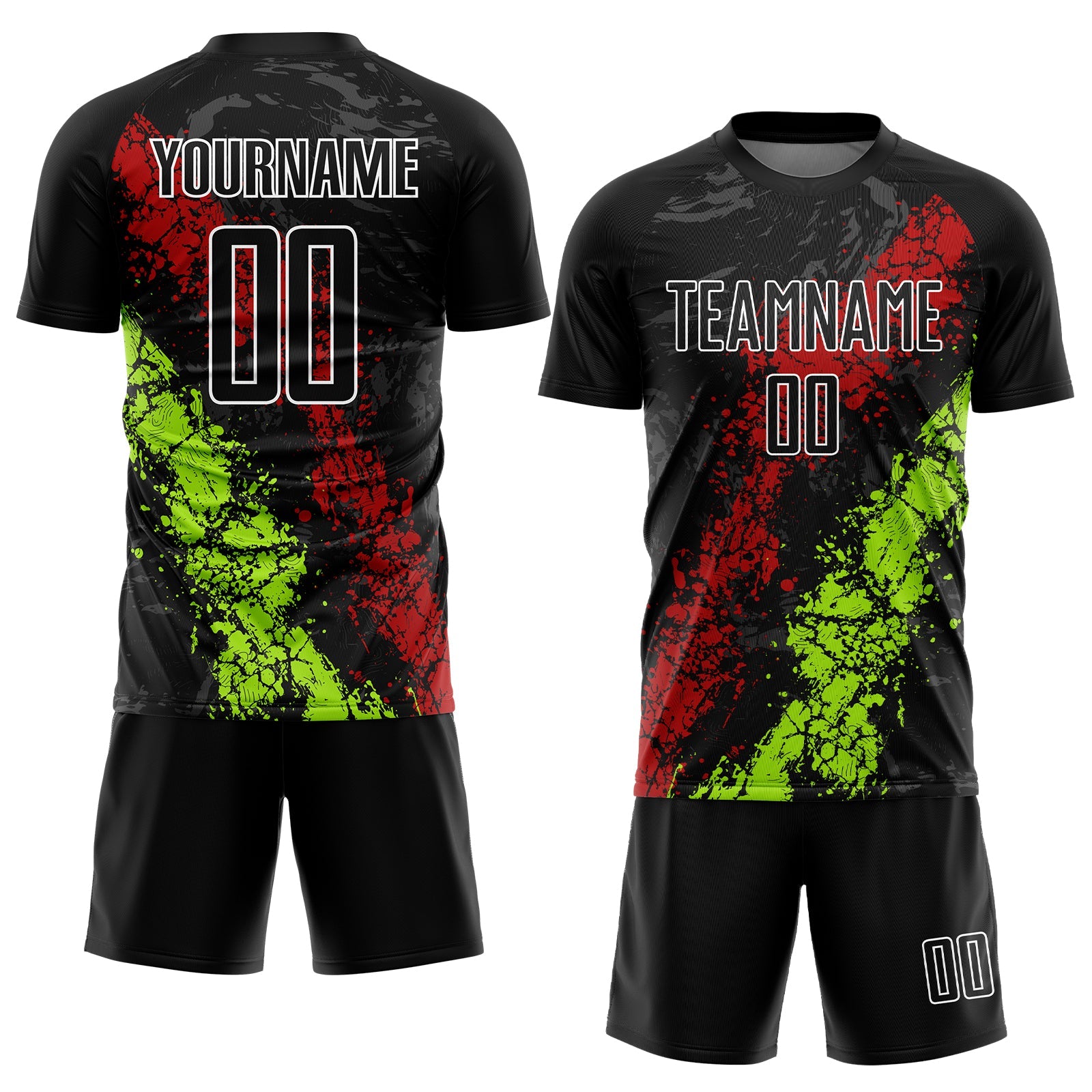 Custom Black Red-Neon Green Dripping Splatter Art Sublimation Soccer Uniform Jersey view 2