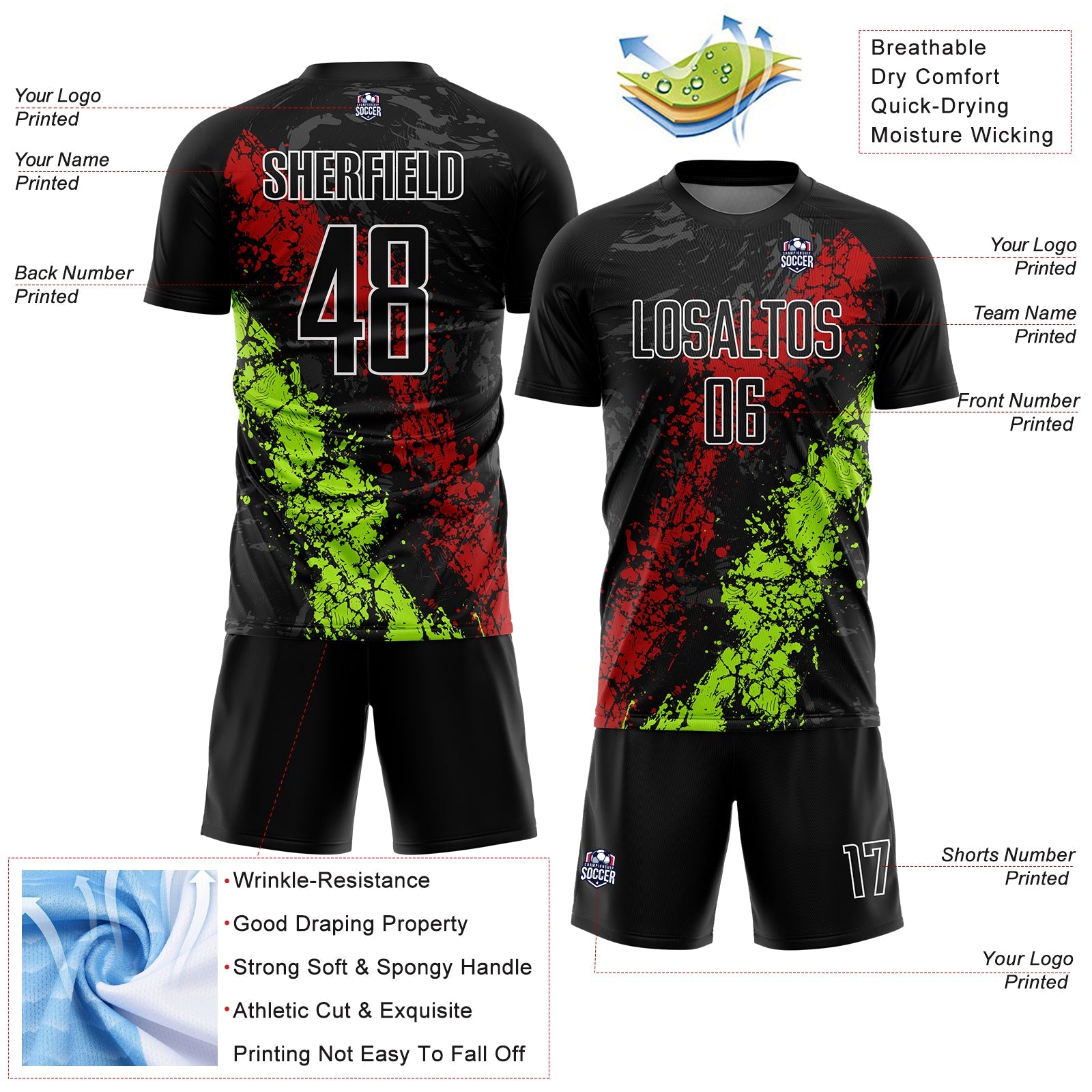Custom Black Red-Neon Green Dripping Splatter Art Sublimation Soccer Uniform Jersey view 4