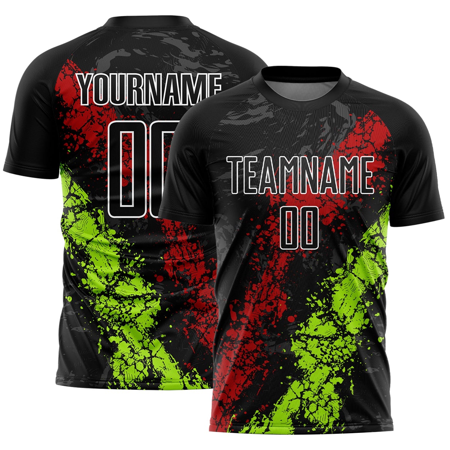 Custom Black Red-Neon Green Dripping Splatter Art Sublimation Soccer Uniform Jersey - Main View