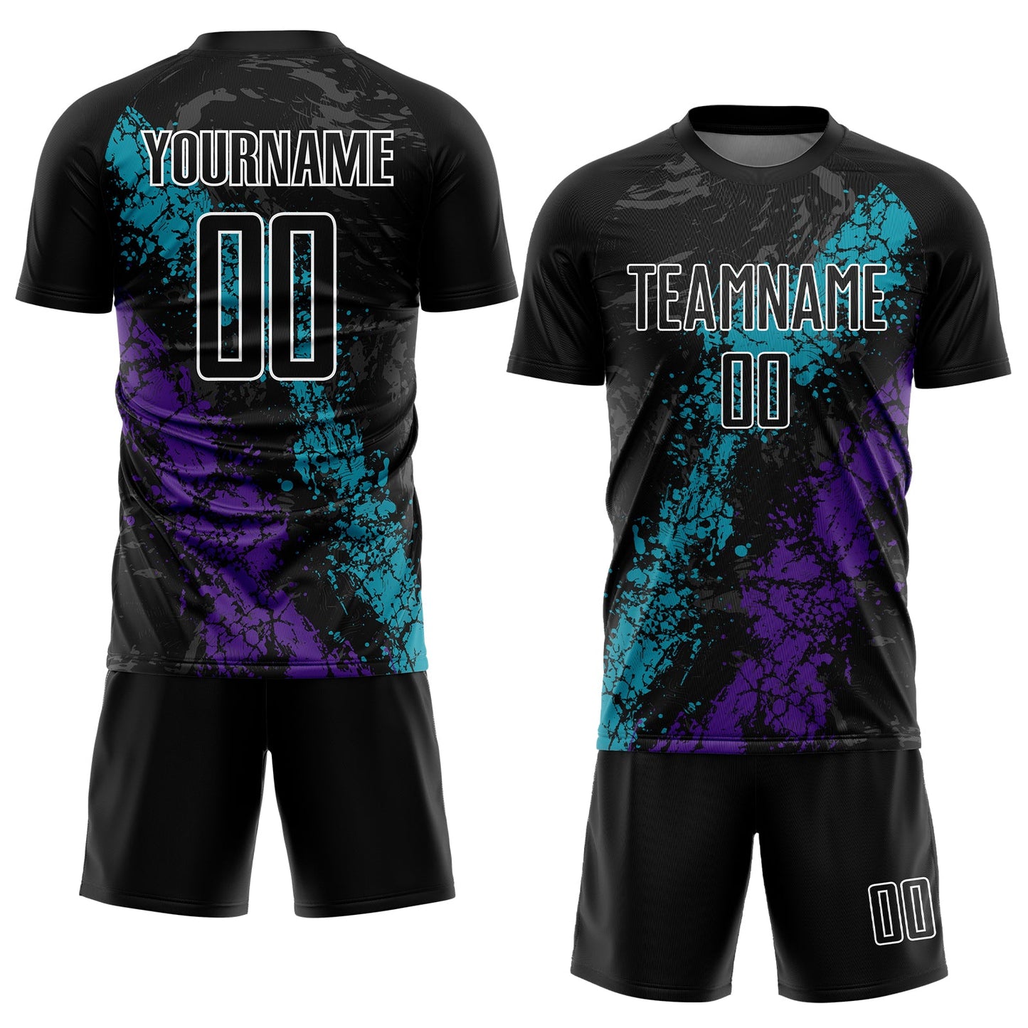 Custom Black Teal-Purple Dripping Splatter Art Sublimation Soccer Uniform Jersey view 2