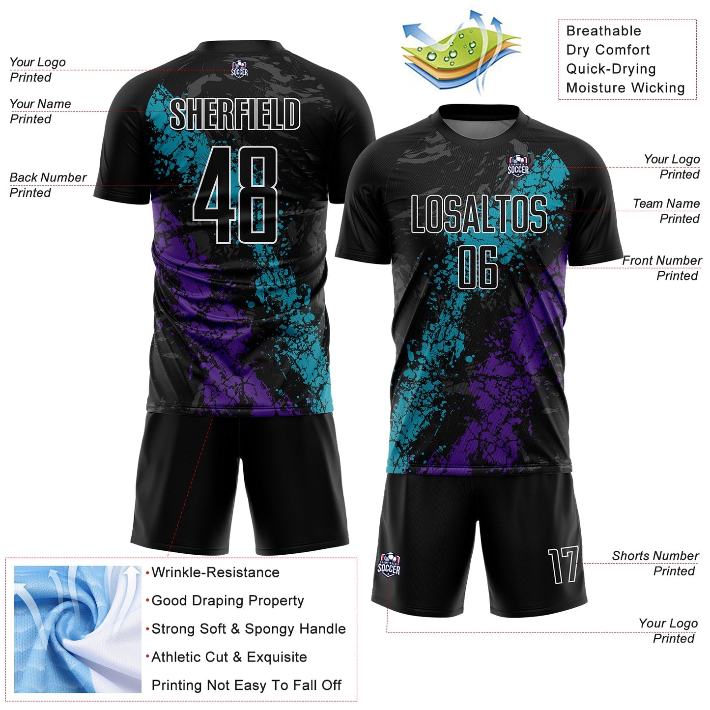Custom Black Teal-Purple Dripping Splatter Art Sublimation Soccer Uniform Jersey view 4
