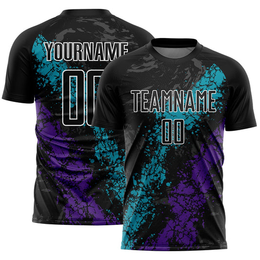 Custom Black Teal-Purple Dripping Splatter Art Sublimation Soccer Uniform Jersey - Main View