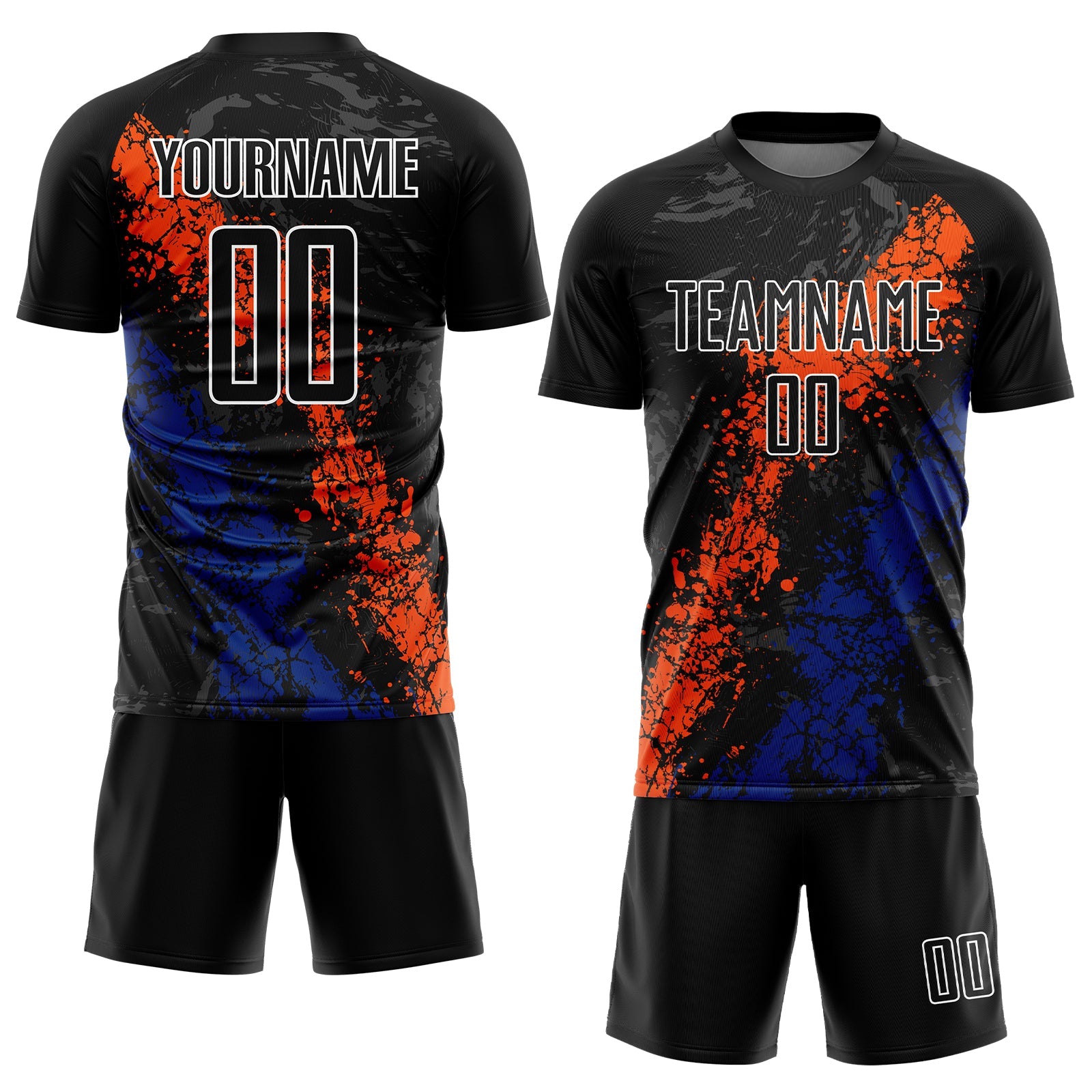 Custom Black Orange-Royal Dripping Splatter Art Sublimation Soccer Uniform Jersey view 2
