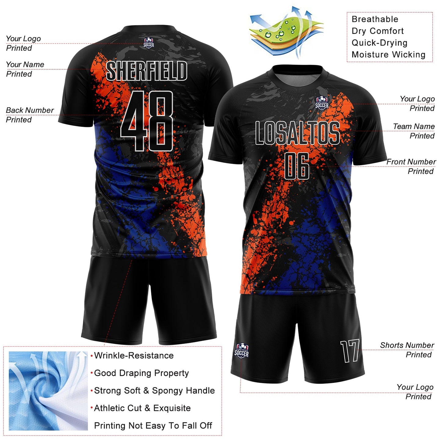 Custom Black Orange-Royal Dripping Splatter Art Sublimation Soccer Uniform Jersey view 4