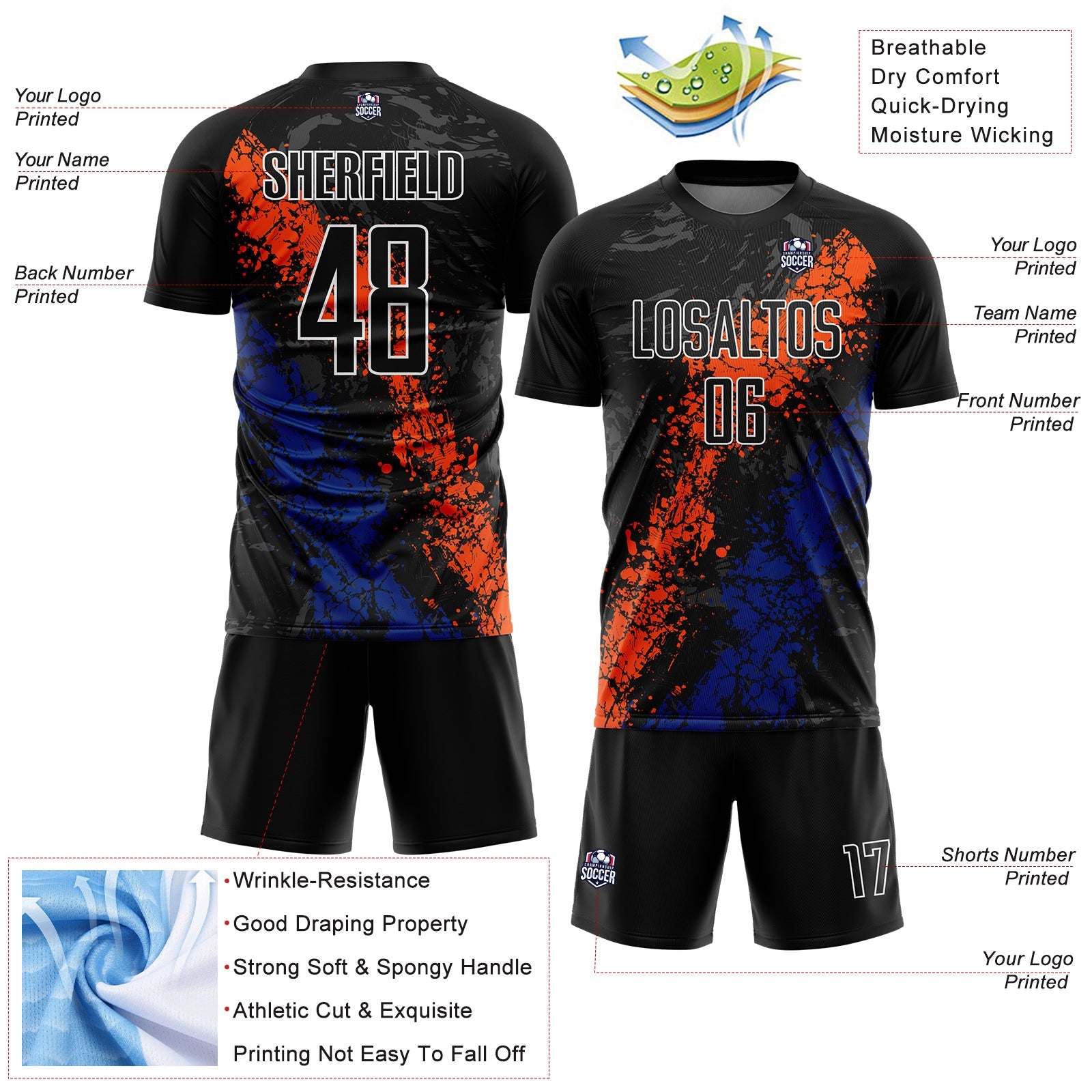 Custom Black Orange-Royal Dripping Splatter Art Sublimation Soccer Uniform Jersey view 4