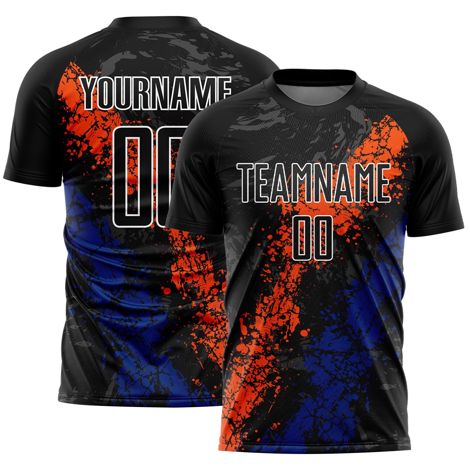Custom Black Orange-Royal Dripping Splatter Art Sublimation Soccer Uniform Jersey - Main View