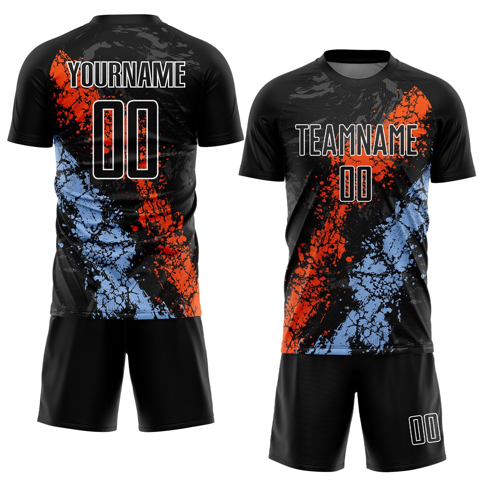 Custom Black Orange-Light Blue Dripping Splatter Art Sublimation Soccer Uniform Jersey view 2