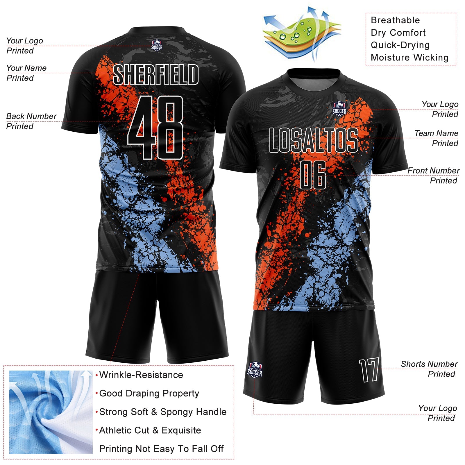 Custom Black Orange-Light Blue Dripping Splatter Art Sublimation Soccer Uniform Jersey view 4