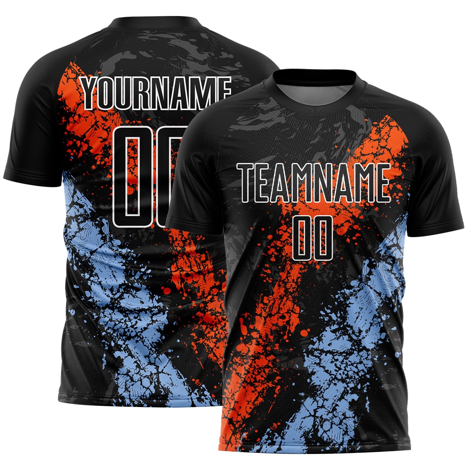 Custom Black Orange-Light Blue Dripping Splatter Art Sublimation Soccer Uniform Jersey - Main View