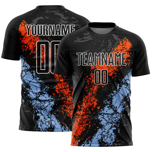 Custom Black Orange-Light Blue Dripping Splatter Art Sublimation Soccer Uniform Jersey - Main View