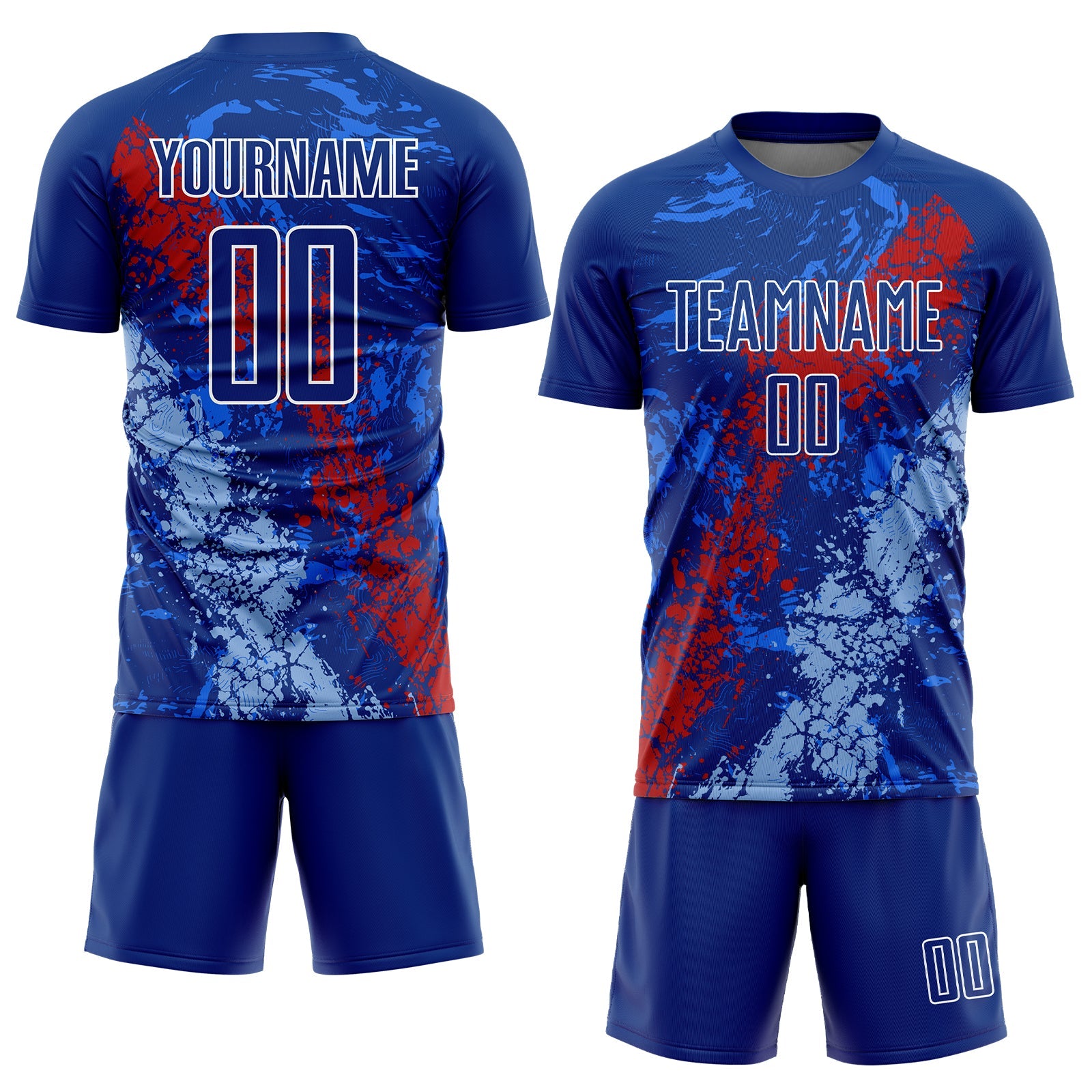 Custom Royal Red-Light Blue Dripping Splatter Art Sublimation Soccer Uniform Jersey view 2