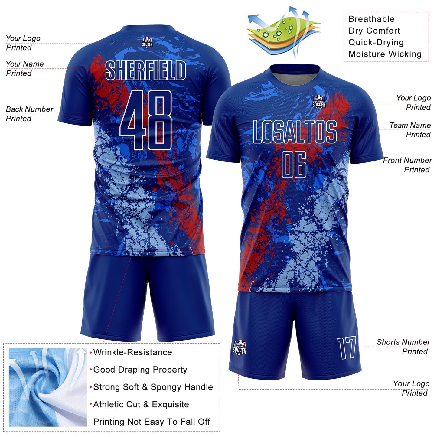 Custom Royal Red-Light Blue Dripping Splatter Art Sublimation Soccer Uniform Jersey view 4