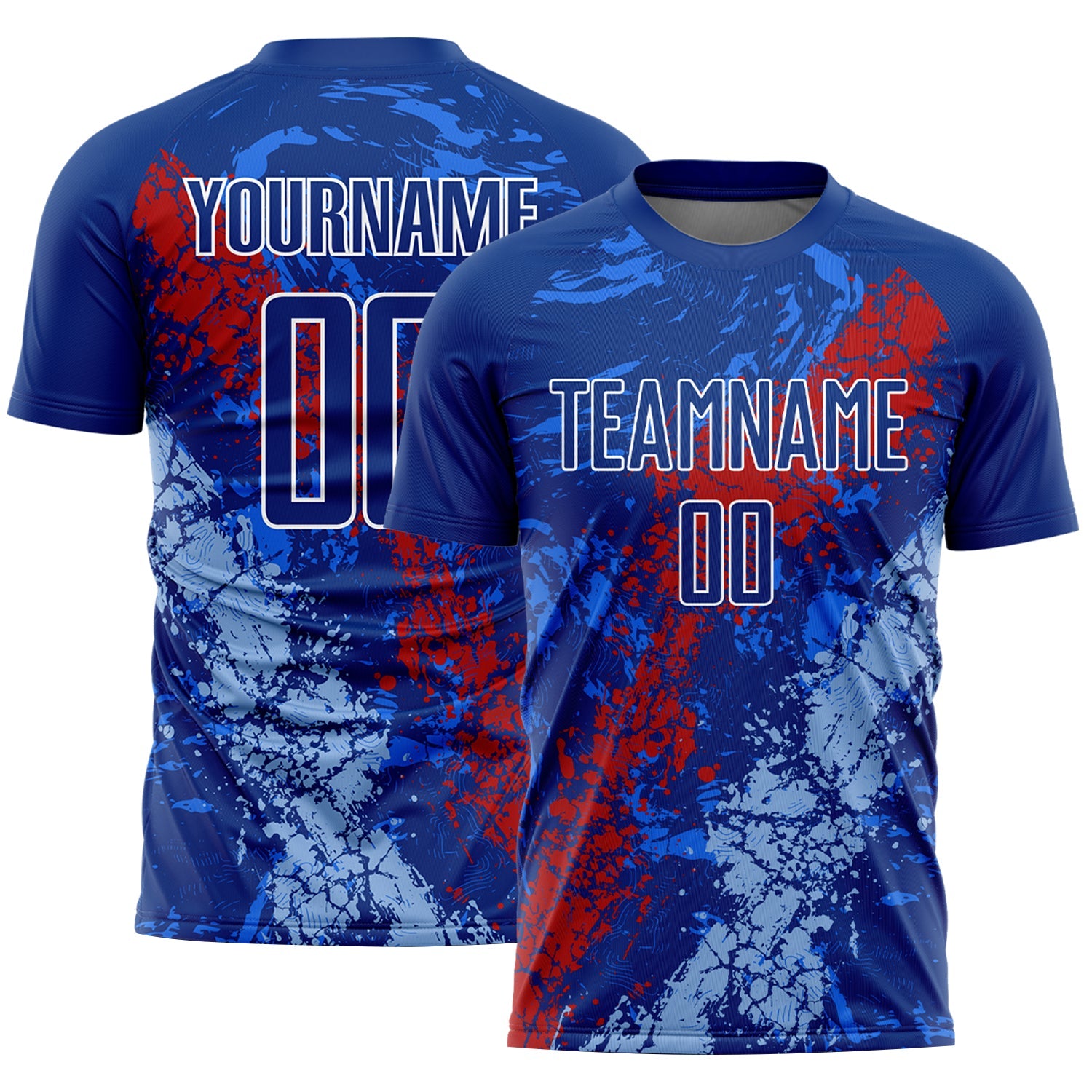 Custom Royal Red-Light Blue Dripping Splatter Art Sublimation Soccer Uniform Jersey - Main View