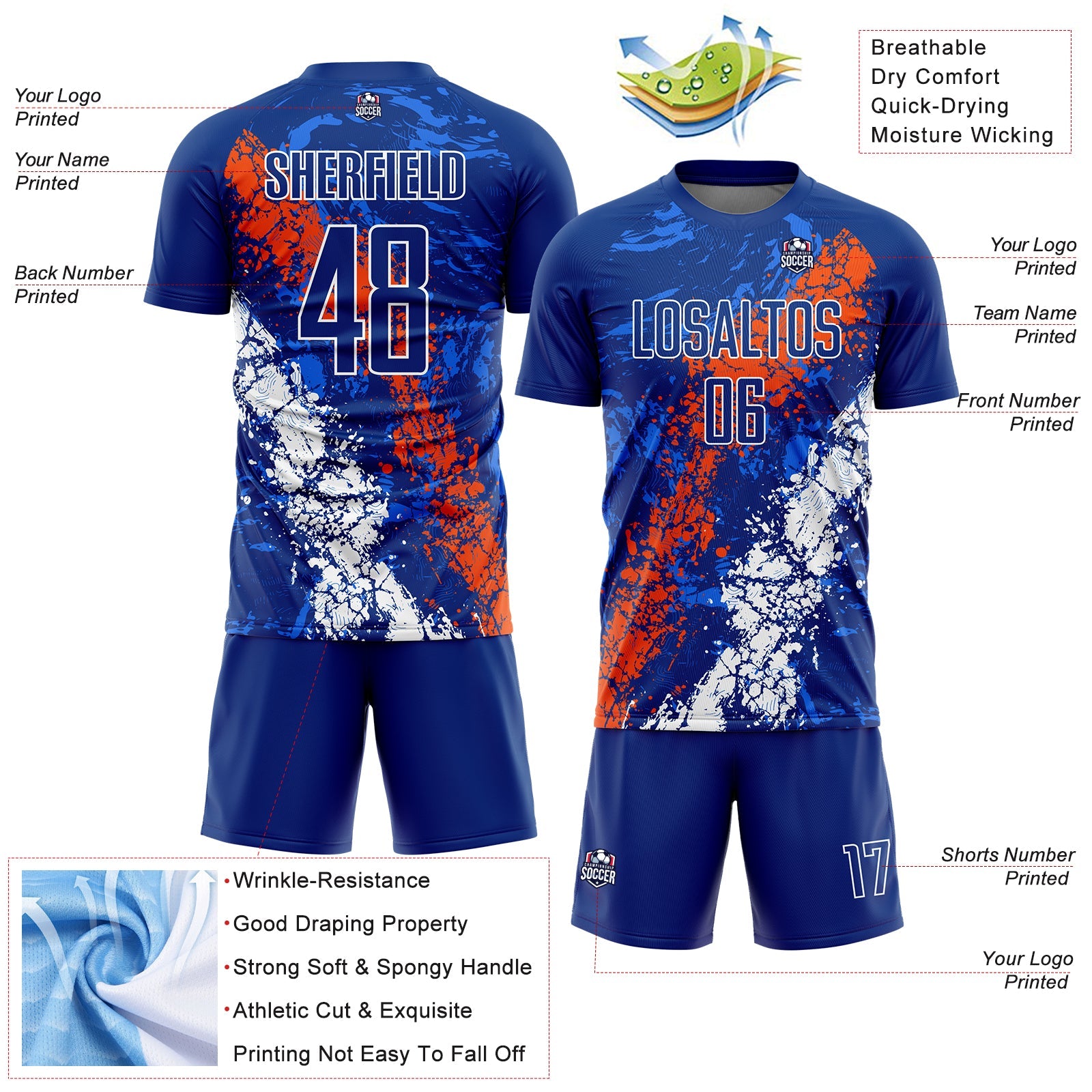 Custom Royal Orange-White Dripping Splatter Art Sublimation Soccer Uniform Jersey view 4
