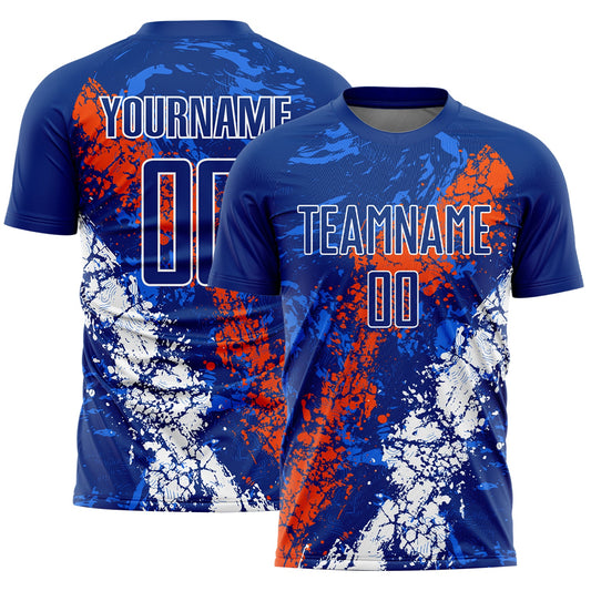 Custom Royal Orange-White Dripping Splatter Art Sublimation Soccer Uniform Jersey - Main View