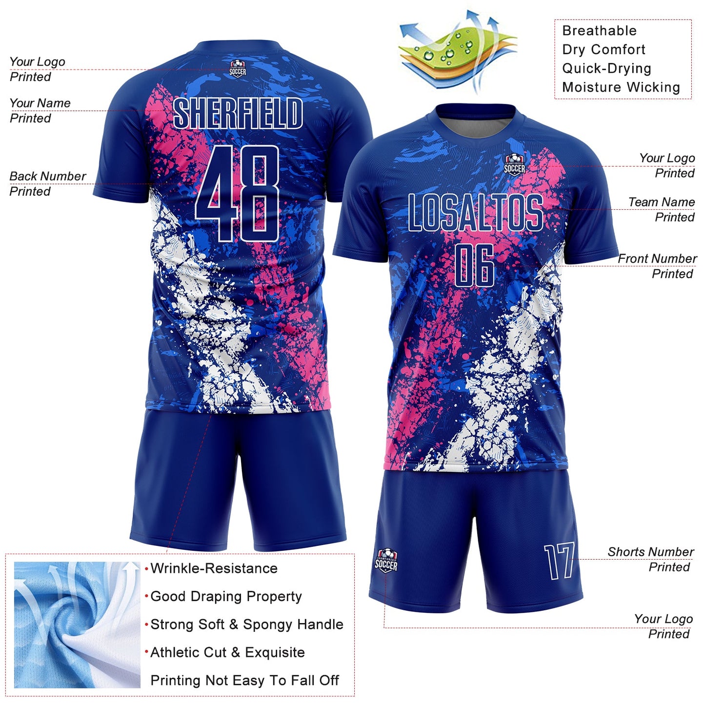 Custom Royal Pink-White Dripping Splatter Art Sublimation Soccer Uniform Jersey view 4