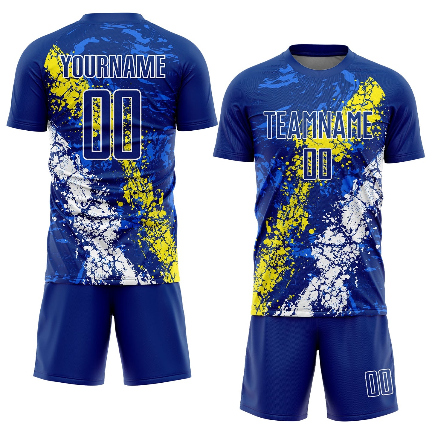 Custom Royal Light Yellow-White Dripping Splatter Art Sublimation Soccer Uniform Jersey view 2