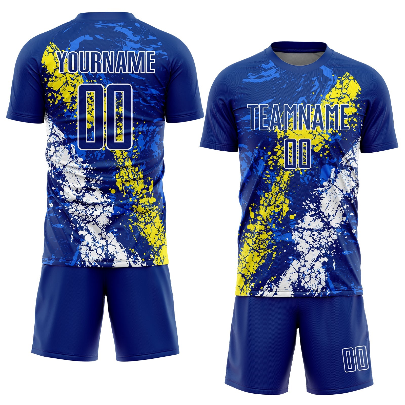 Custom Royal Light Yellow-White Dripping Splatter Art Sublimation Soccer Uniform Jersey view 2