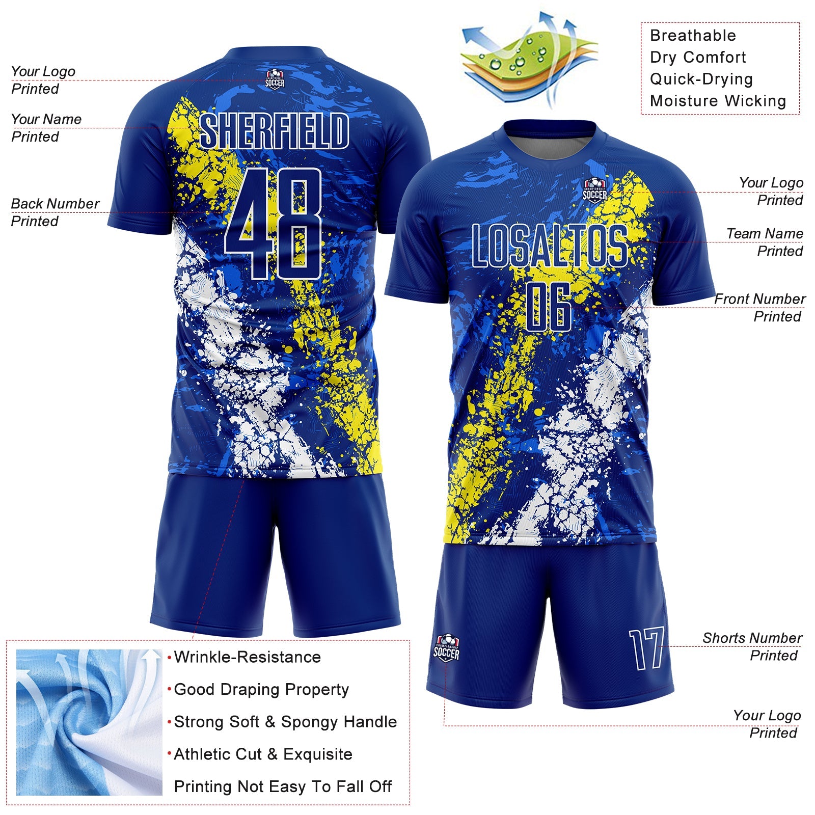 Custom Royal Light Yellow-White Dripping Splatter Art Sublimation Soccer Uniform Jersey view 4