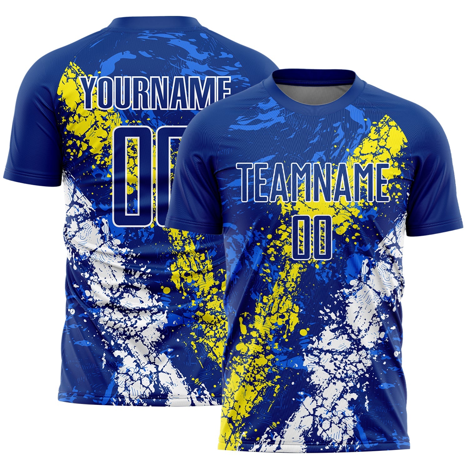 Custom Royal Light Yellow-White Dripping Splatter Art Sublimation Soccer Uniform Jersey - Main View
